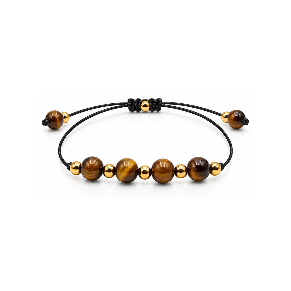 Bracelet doré en oeil de tigre 6 mm, vue complète sur fond blanc pur avec construction et réglage visibles