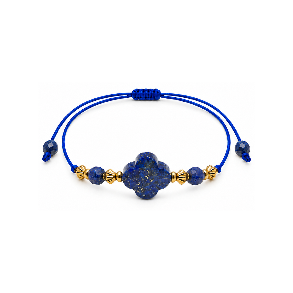 Bracelet doré en lapis-lazuli 4 à 12 mm, vue complète sur fond blanc pur avec construction et réglage visibles