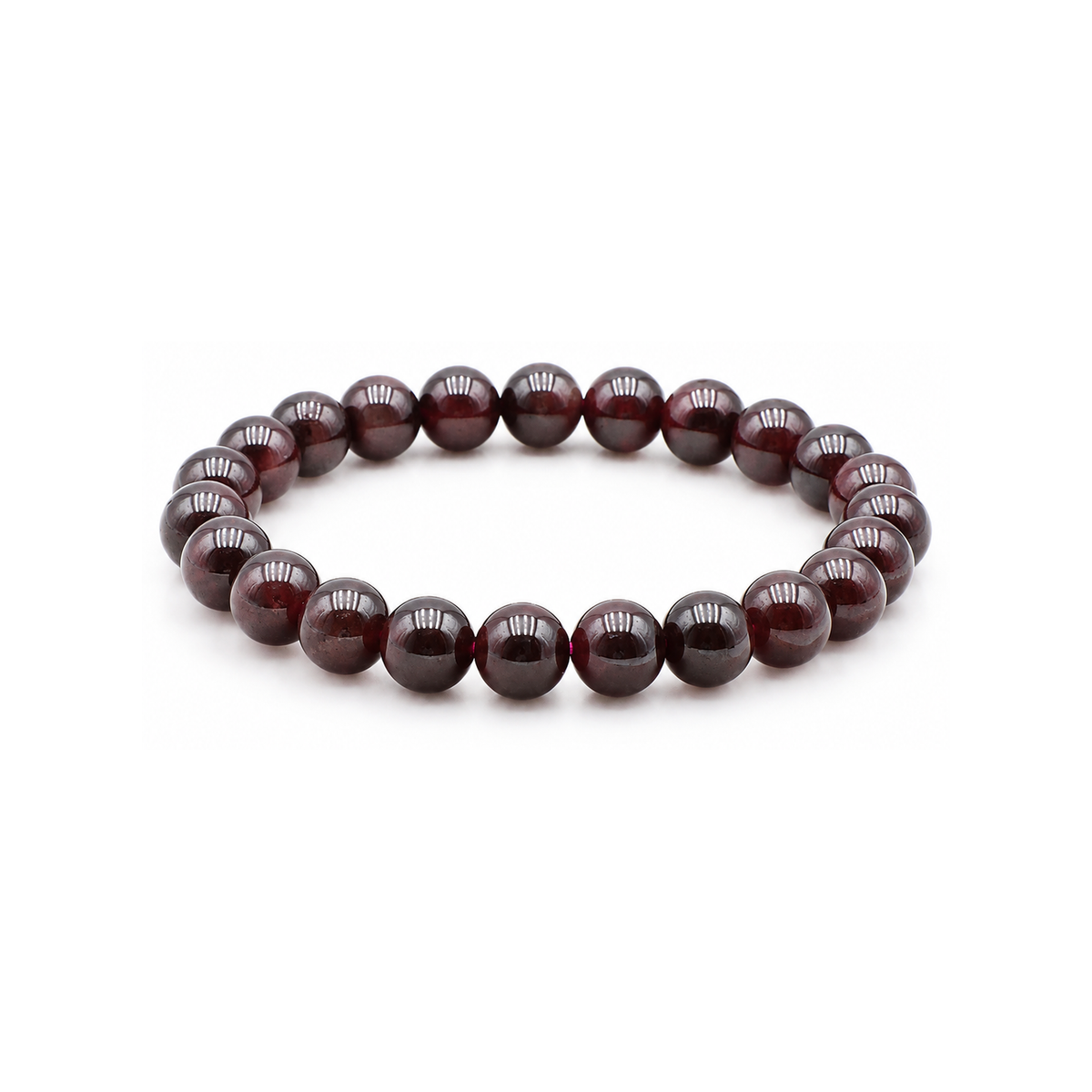 Bracelet en grenat rouge 8 mm, vue complète sur fond blanc pur