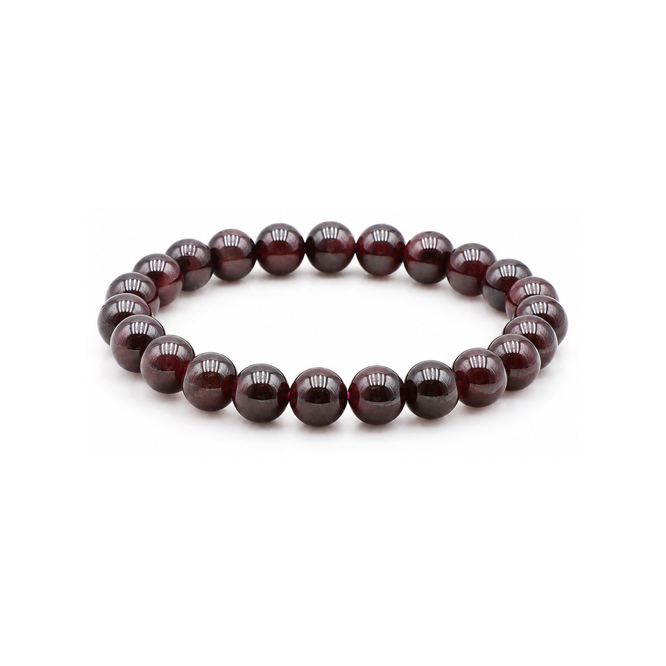 Bracelet en grenat rouge 8 mm, vue complète sur fond blanc pur