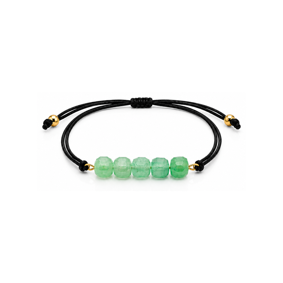 Bracelet doré en aventurine verte 6 mm, vue complète sur fond blanc pur avec construction et réglage visibles