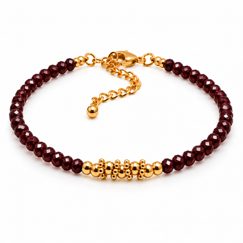 Bracelet doré en grenat rhodolite 3 mm, vue complète avec fermoir et chaîne d'extension