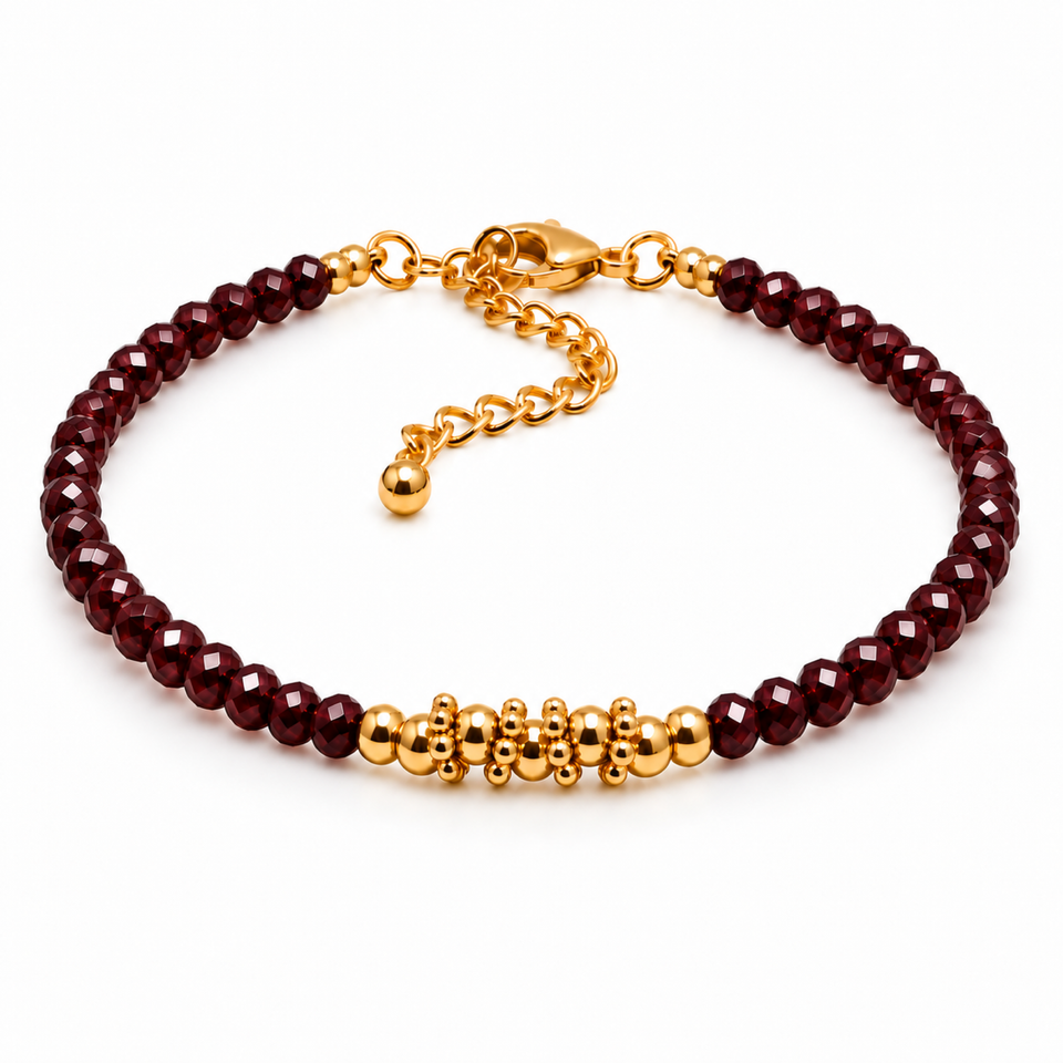 Bracelet doré en grenat rhodolite 3 mm, vue complète avec fermoir et chaîne d'extension