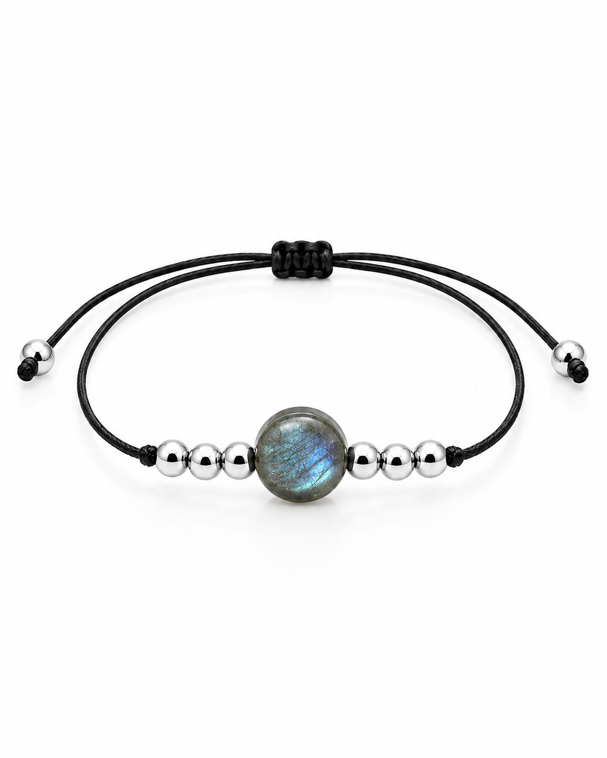 Bracelet argenté en labradorite 8 mm, vue complète sur fond blanc pur avec construction et réglage visibles
