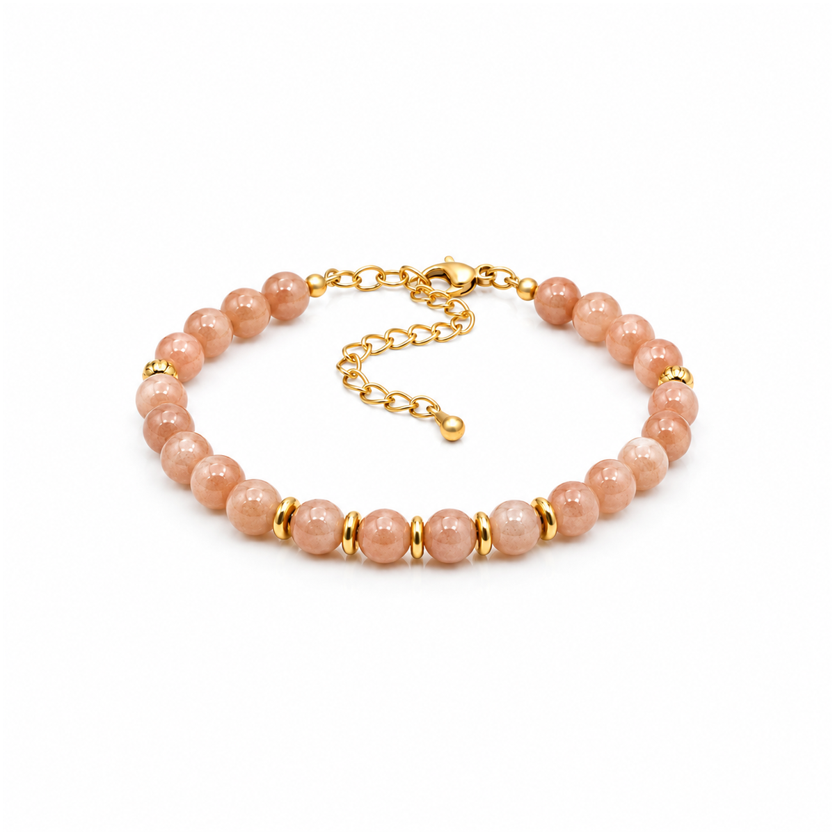 Bracelet doré en pierre de lune rose 6 mm, rang complet et fermoir sur fond blanc