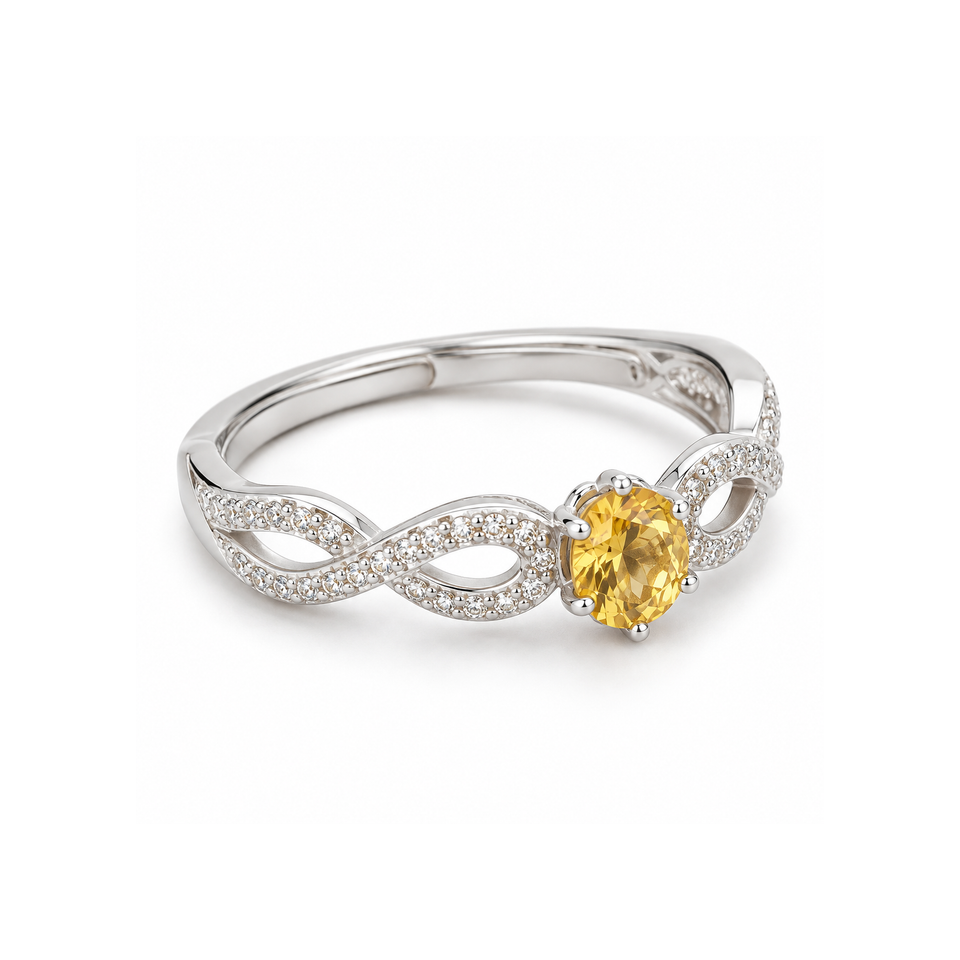 Bague réglable en argent 925 rhodié et citrine facettée : anneau et motif sur blanc