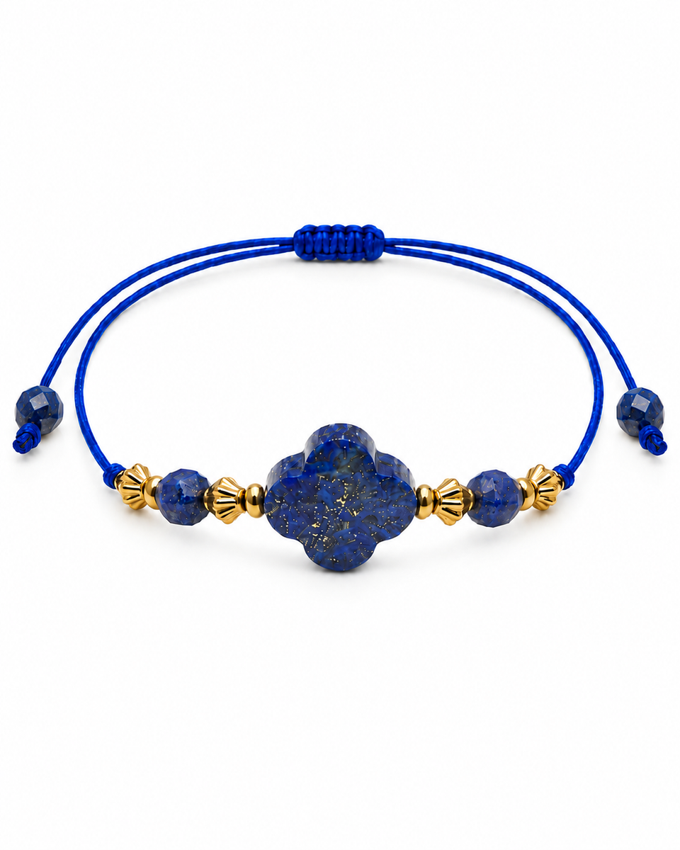 Bracelet doré en lapis-lazuli 4 à 12 mm, vue complète sur fond blanc pur avec construction et réglage visibles