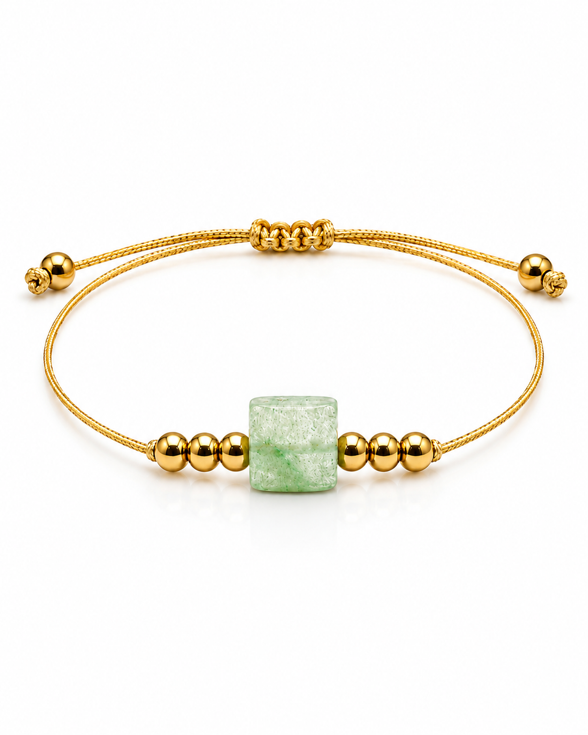 Bracelet doré en aventurine verte 8 mm, vue complète sur fond blanc pur avec construction et réglage visibles