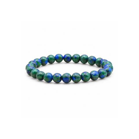 Bracelet en azurite-malachite 8 mm : boucle complète sur blanc