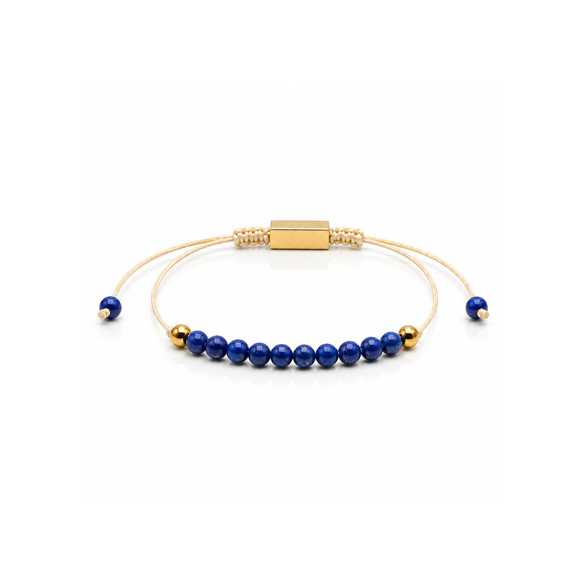 Bracelet lapis-lazuli 4 mm entier, dix pierres devant, cordon écru et bloc doré