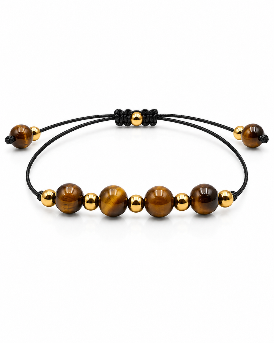 Bracelet doré en oeil de tigre 6 mm, vue complète sur fond blanc pur avec construction et réglage visibles