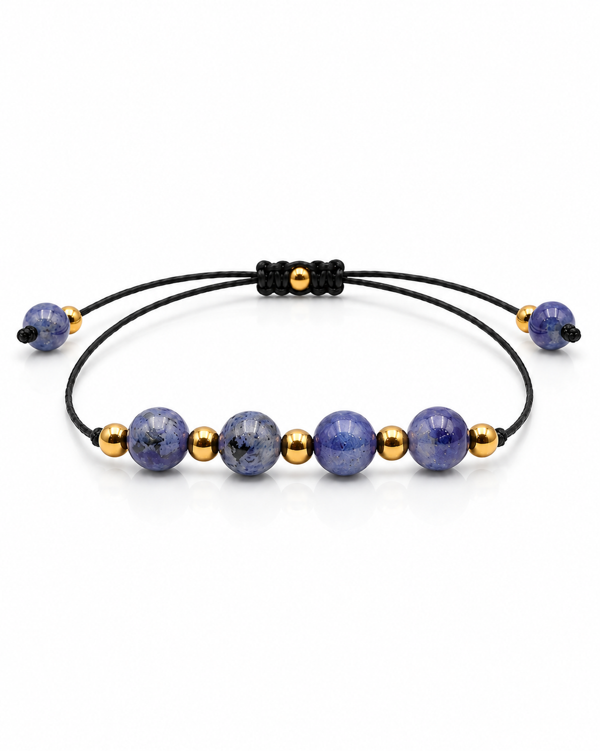 Bracelet doré en sodalite 6 mm, vue complète sur fond blanc pur avec construction et réglage visibles