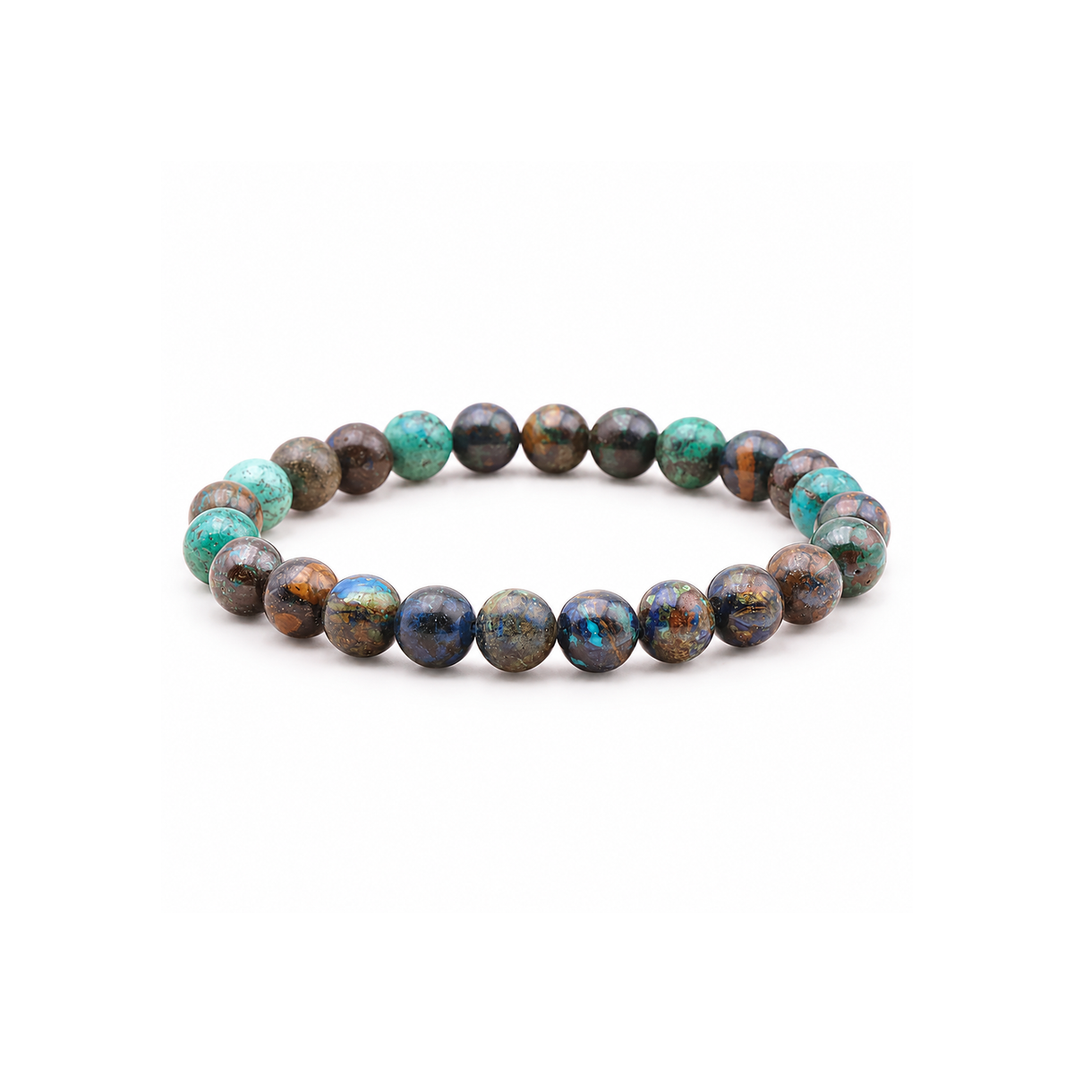 Bracelet en chrysocolle du Pérou 8 mm vu de trois quarts, perles bleues, vertes et brunes sur fond blanc