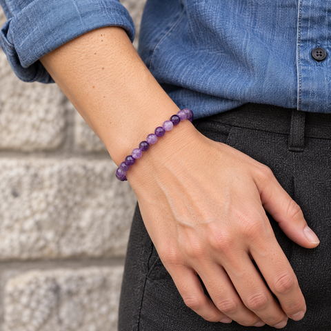 Bracelet en améthyste 6 mm porté au poignet, avec une chemise en denim.