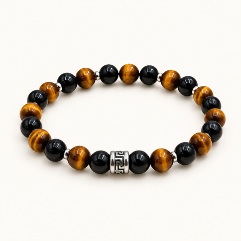 Bracelet Célyos en œil de tigre et onyx sur fond Nacre MilAura
