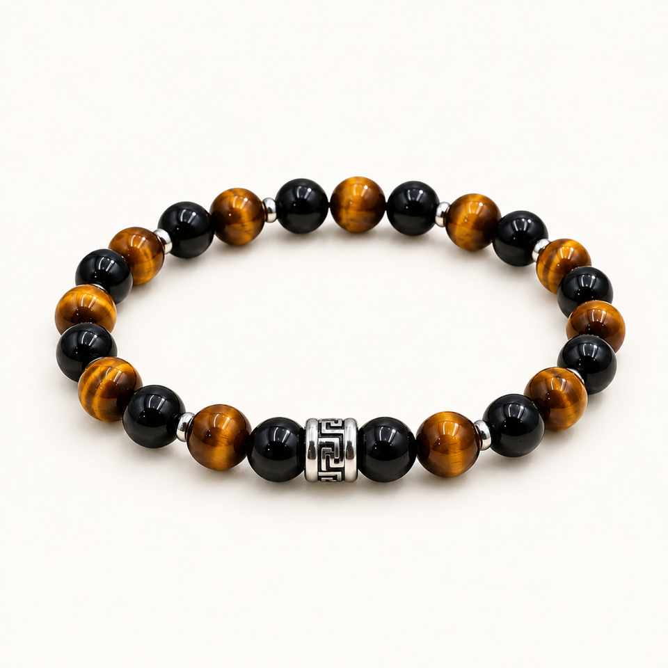 Bracelet Célyos en œil de tigre et onyx sur fond Nacre MilAura