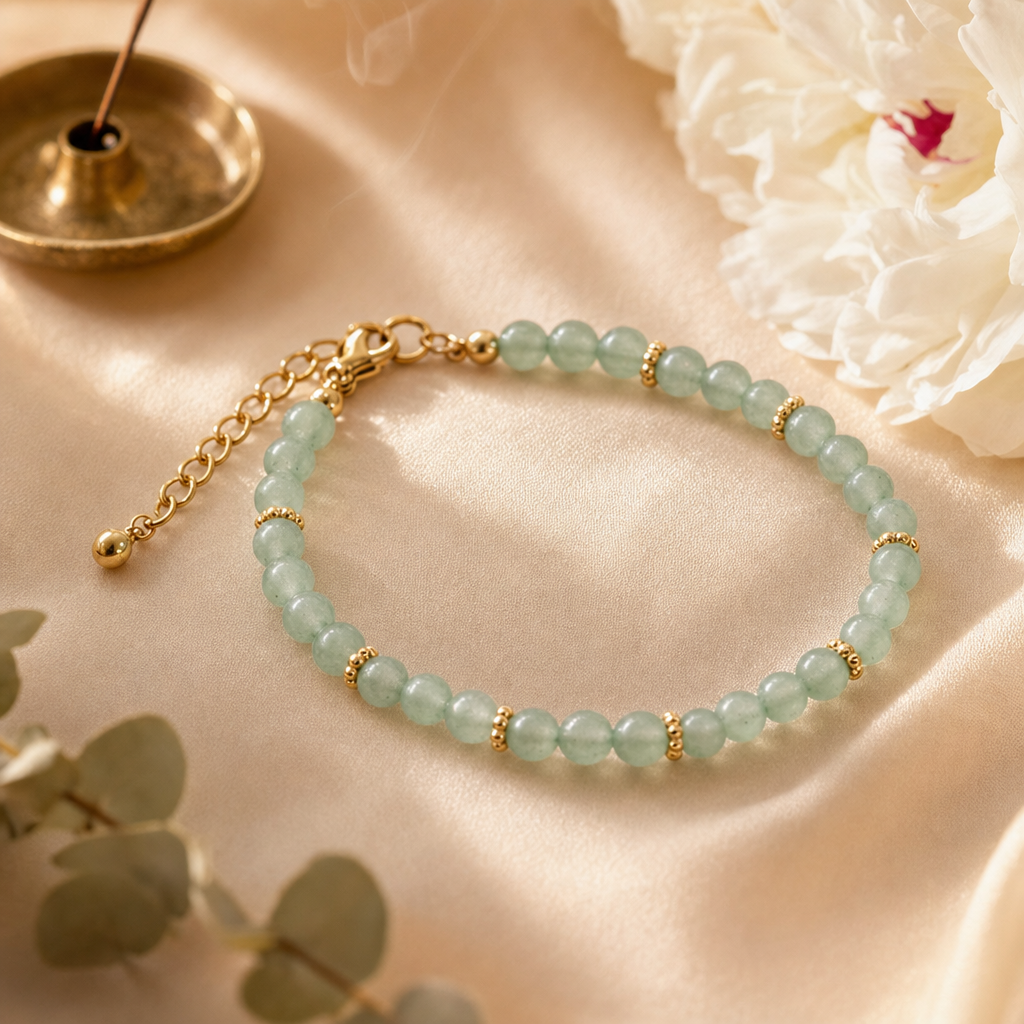 Bracelet aventurine verte doré sur soie champagne