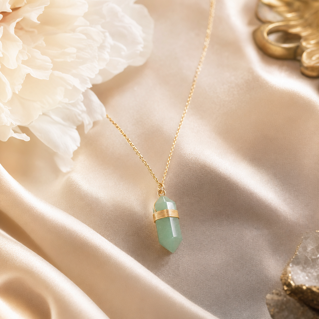 Collier aventurine verte doré présenté sur soie champagne