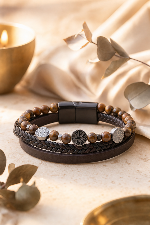 Bracelet oeil de tigre et cuir brun