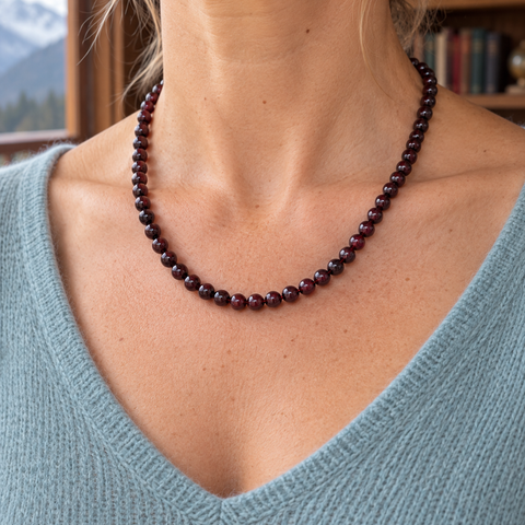 Collier en grenat rouge 6 mm - 45 cm porté au cou avec une longueur annoncée de 45 cm