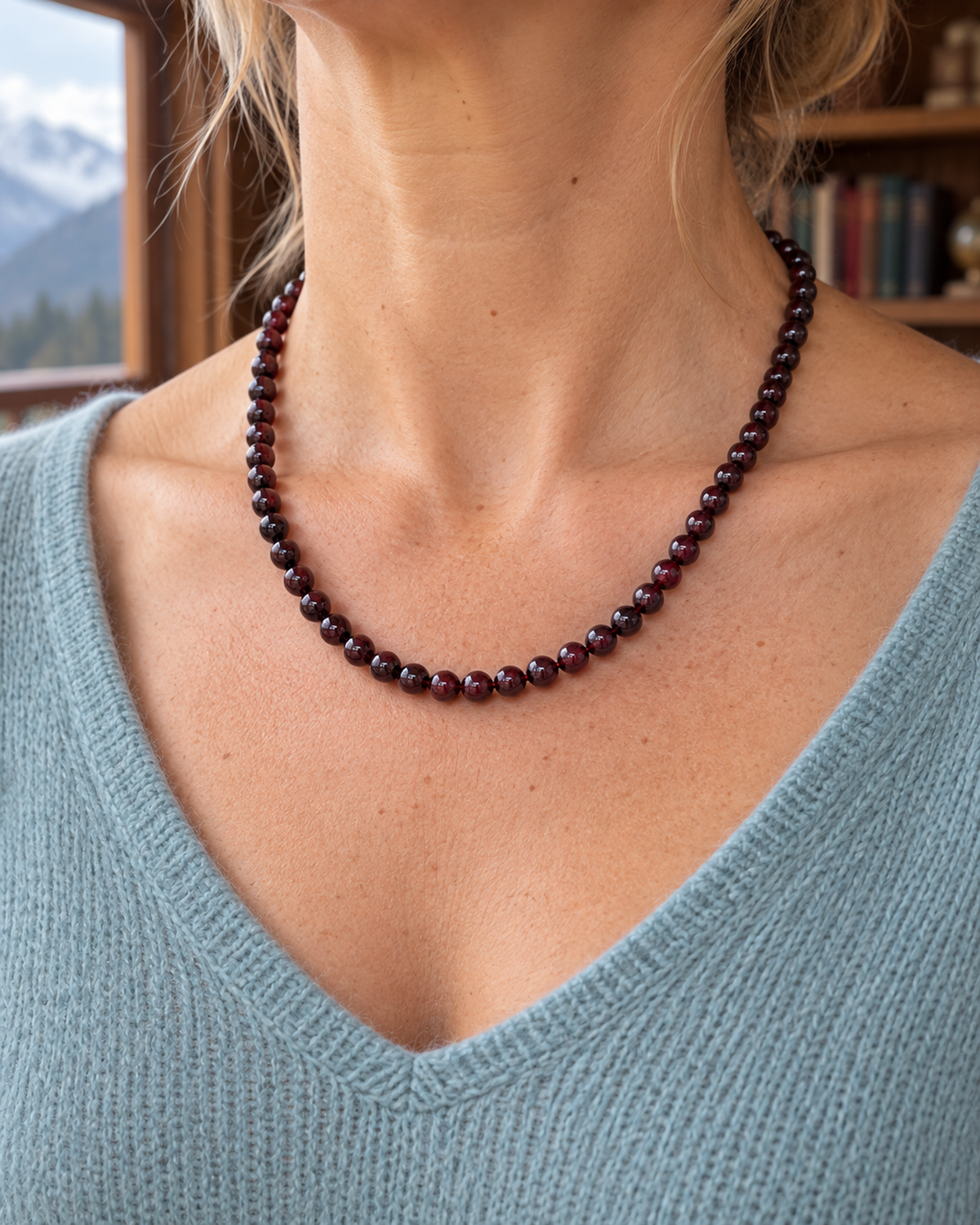 Collier en grenat rouge 6 mm - 45 cm porté au cou avec une longueur annoncée de 45 cm