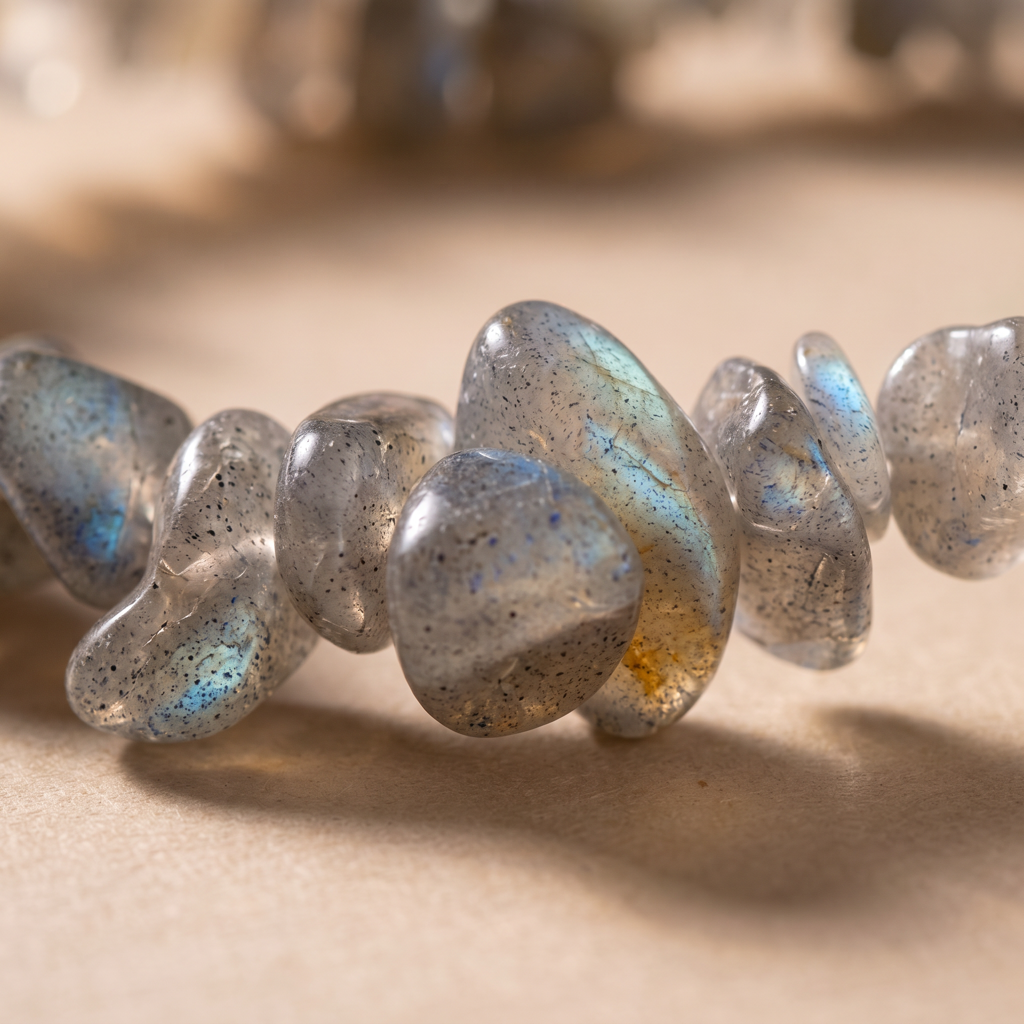 Macro des éclats irréguliers de labradorite et de leurs reflets bleus naturels