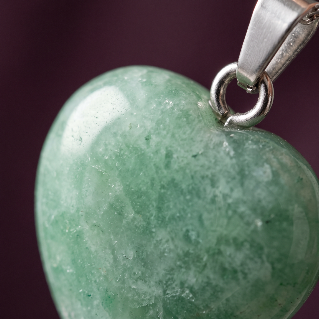 Détail du poli vert et des inclusions naturelles du pendentif cœur en aventurine