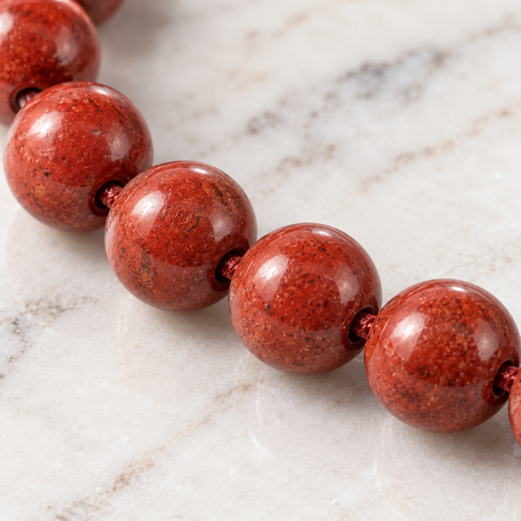 Macro des perles de jaspe rouge poli et de leurs nuances naturelles