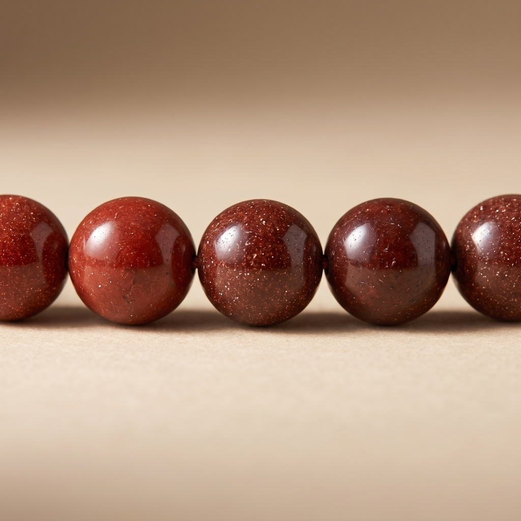 Macro des perles d'aventurine rouge montrant le poli et les fines inclusions naturelles