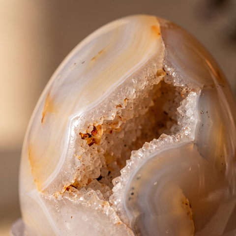Macro de la cavité cristallisée et des bandes naturelles d'un œuf en agate