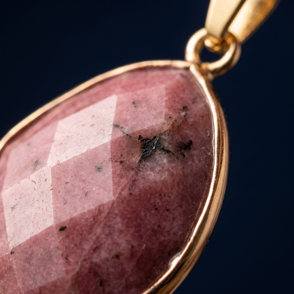 Macro des facettes roses et des inclusions naturelles du pendentif en rhodonite