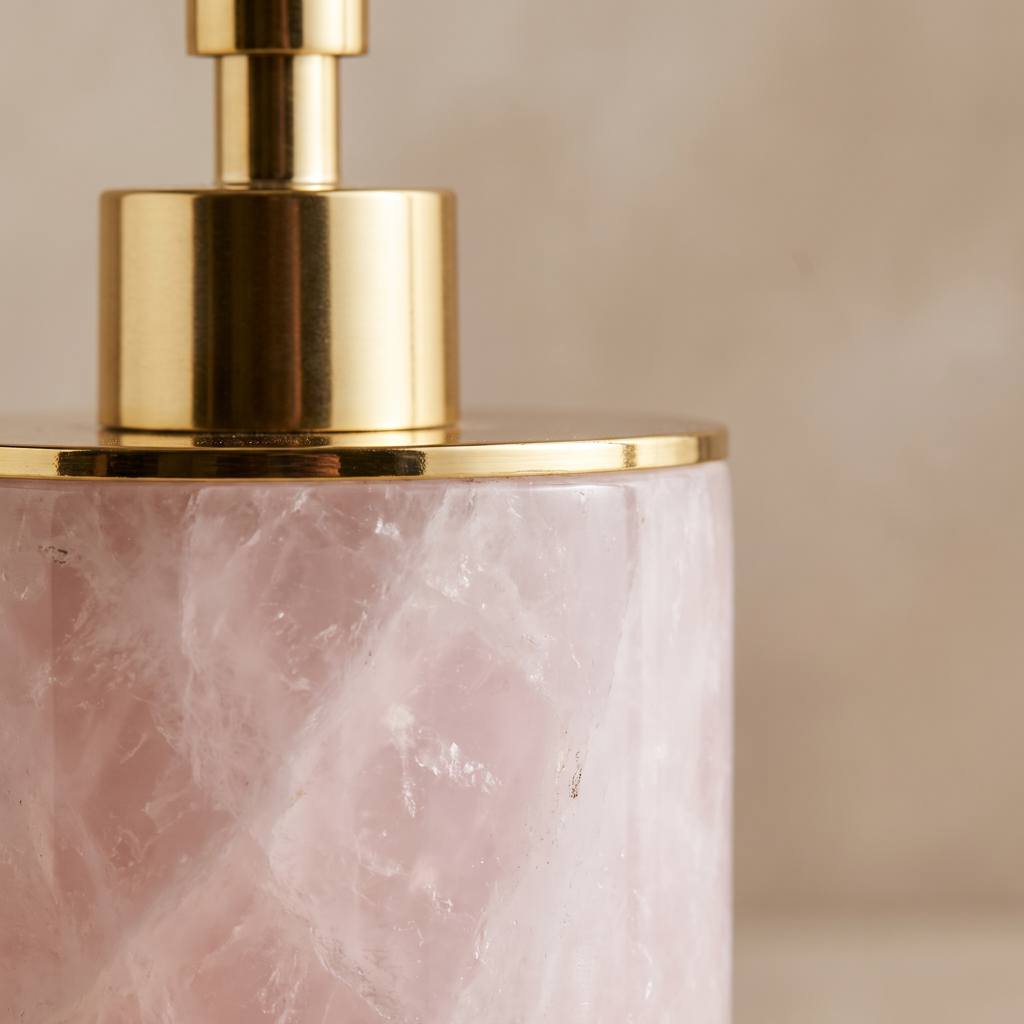Macro du quartz rose poli nuageux et de la bague dorée du distributeur de savon