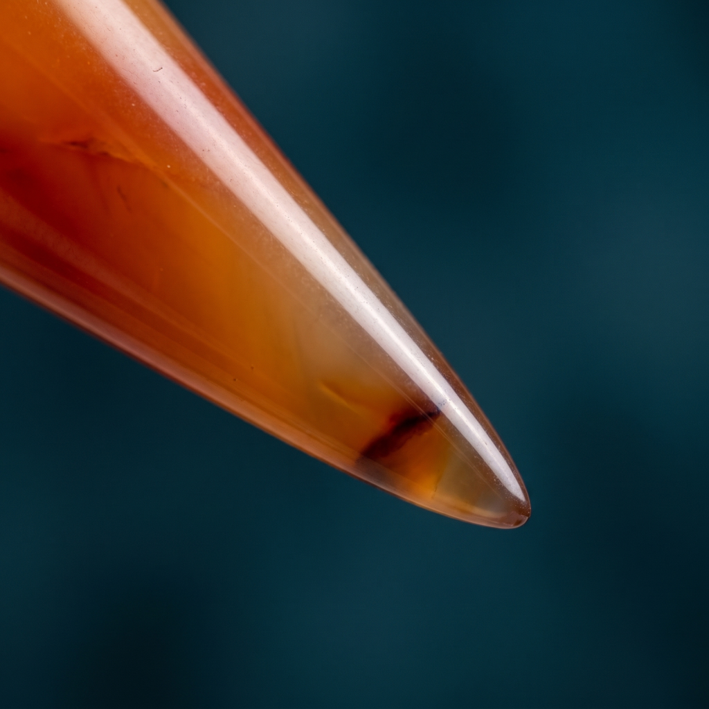 Macro de la pointe polie et des inclusions orangées du pendule en cornaline