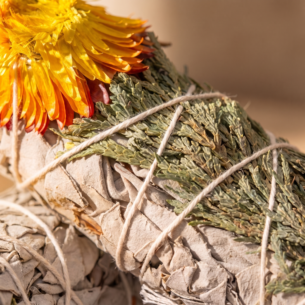 Macro des feuilles de sauge, du cèdre vert et de la ficelle maintenant le bâton