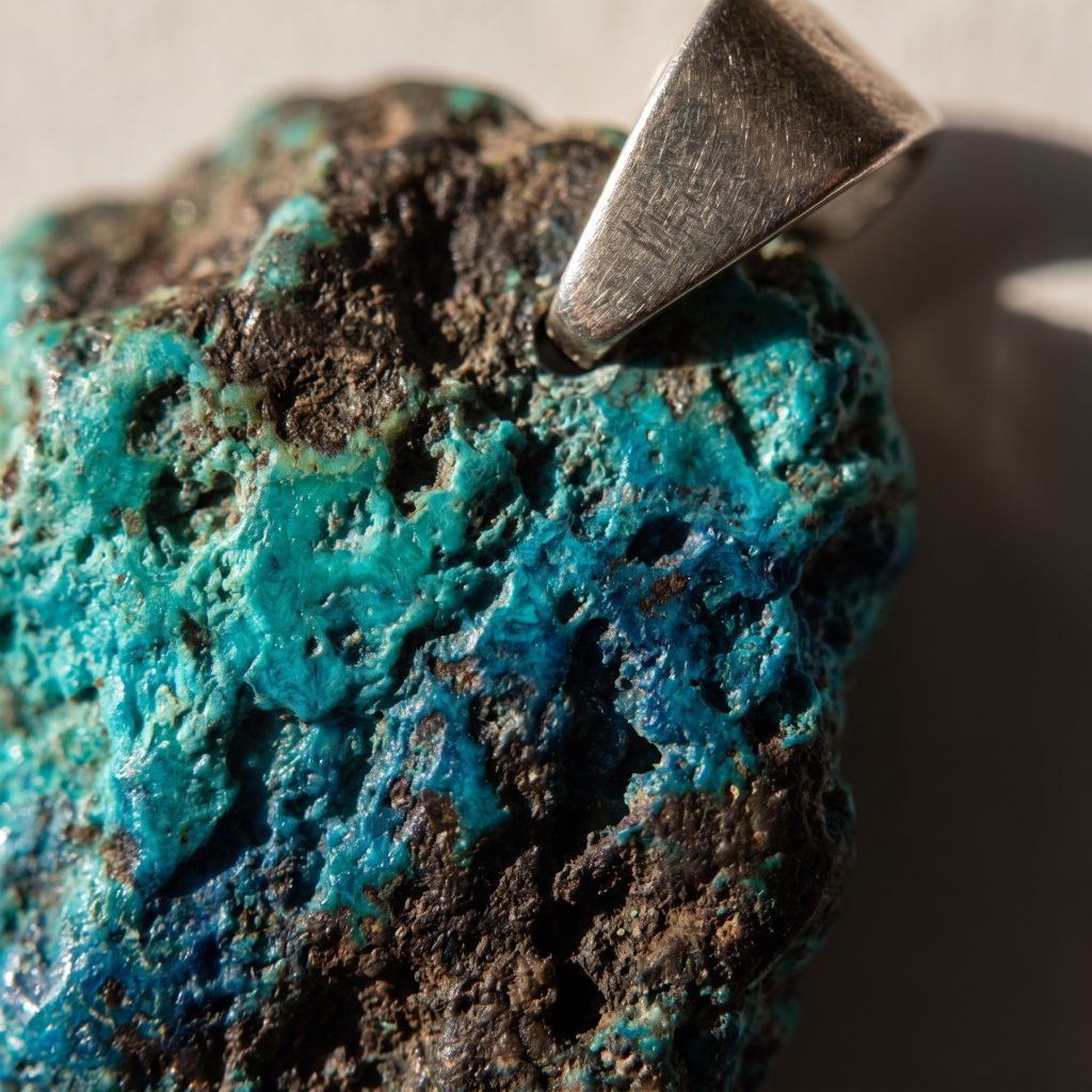 Macro des reliefs turquoise, bleus et bruns d'une chrysocolle brute naturelle