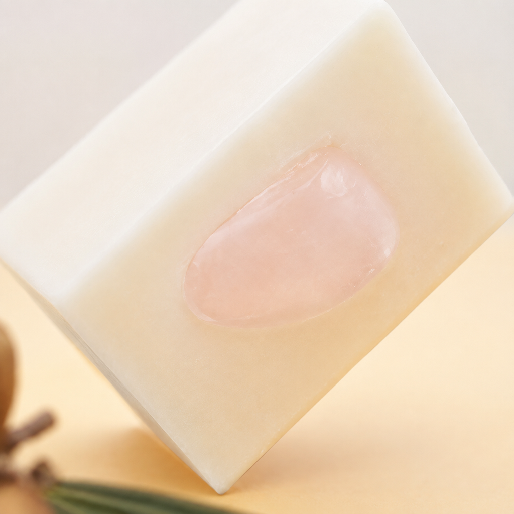 Détail de la pierre rose pâle dans le savon à l'argan