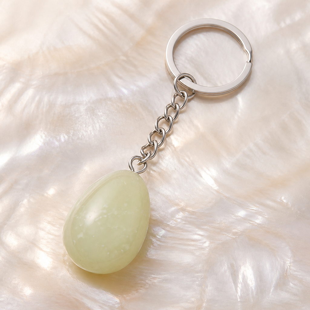 Accessoire porte-clés goutte en jade de Chine, macro de la matière et du montage