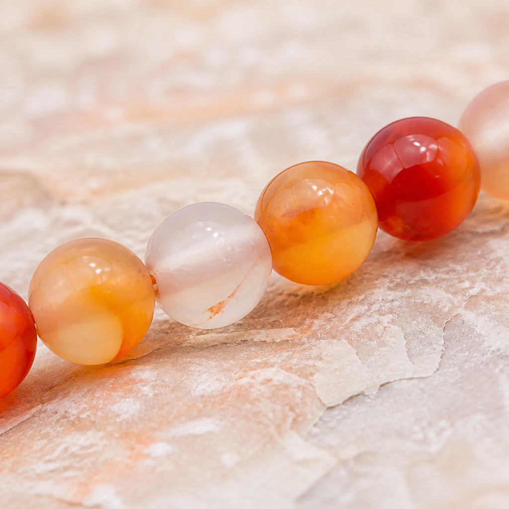 Bracelet en cornaline - Perles de 6 mm, macro de la matière et des détails vérifiés