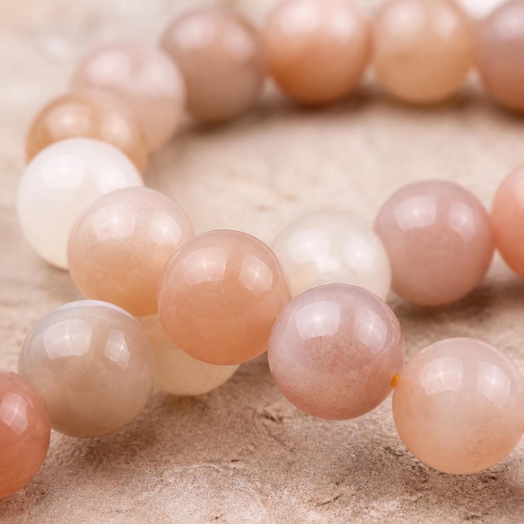 Bracelet en pierre de lune multicolore - Perles de 6 mm, macro de la matière et des détails vérifiés