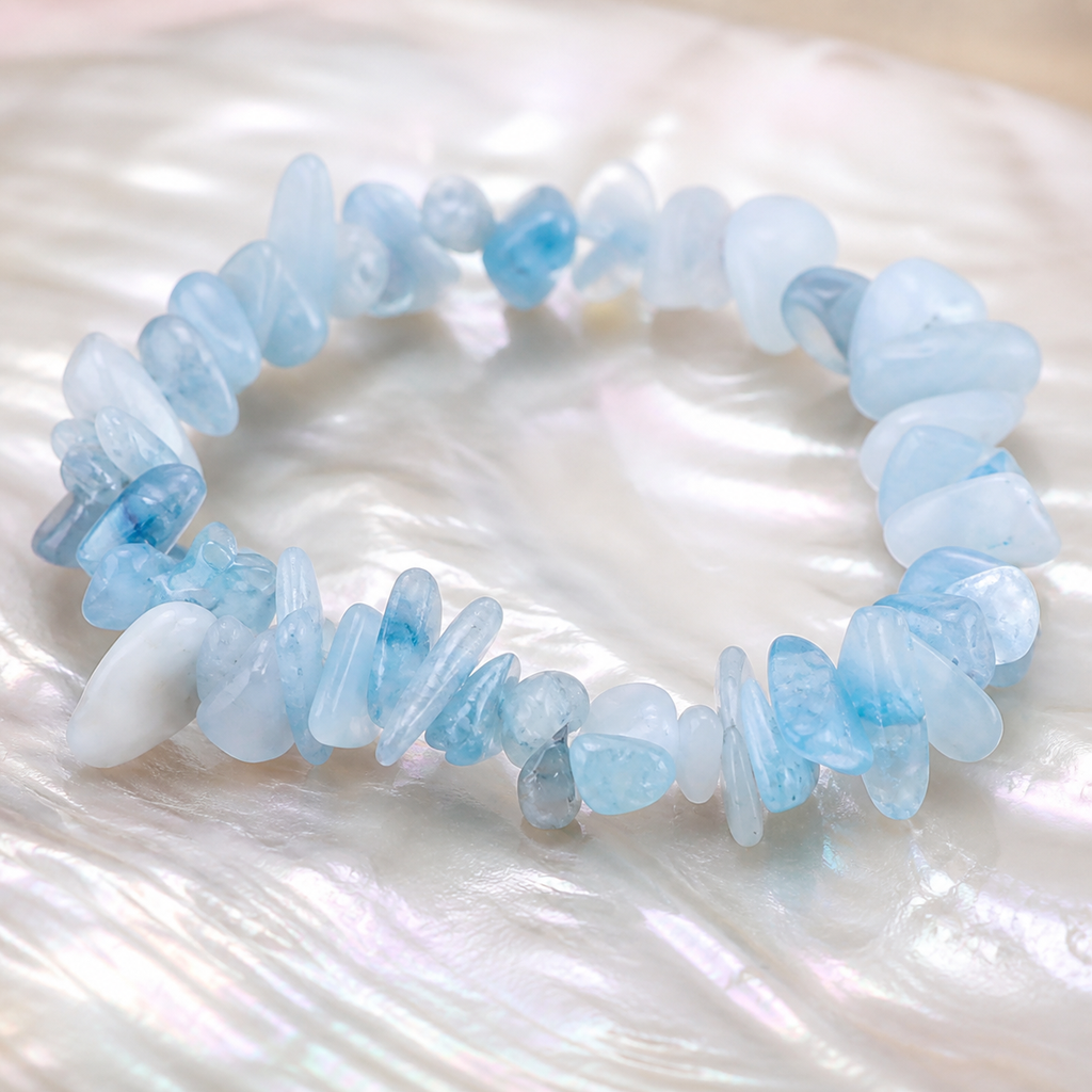 Bracelet baroque en aigue-marine du Brésil AA - 16 à 18 cm, macro de la matière et du montage