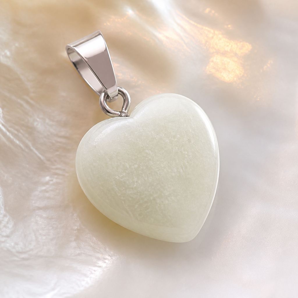 Pendentif cœur en jade de Chine 15 mm, macro de la matière et du montage