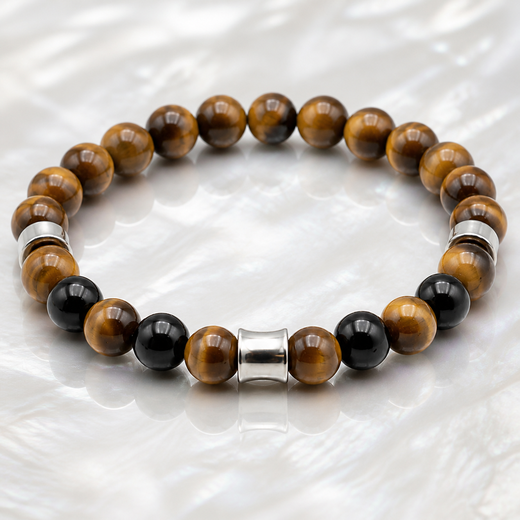 Bracelet Kahel argenté en onyx et œil de tigre, macro de la matière et du montage