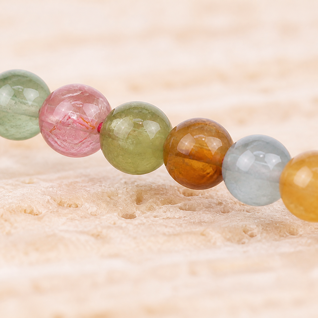 Bracelet en tourmaline multicolore 4 mm - 16 à 18 cm, macro de la matière et des détails vérifiés