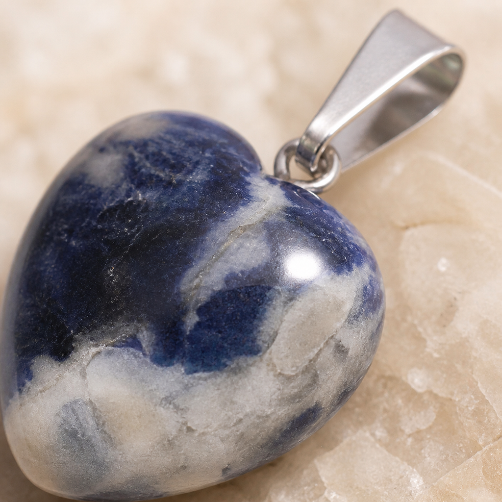 Macro du cœur en sodalite et de sa bélière argentée