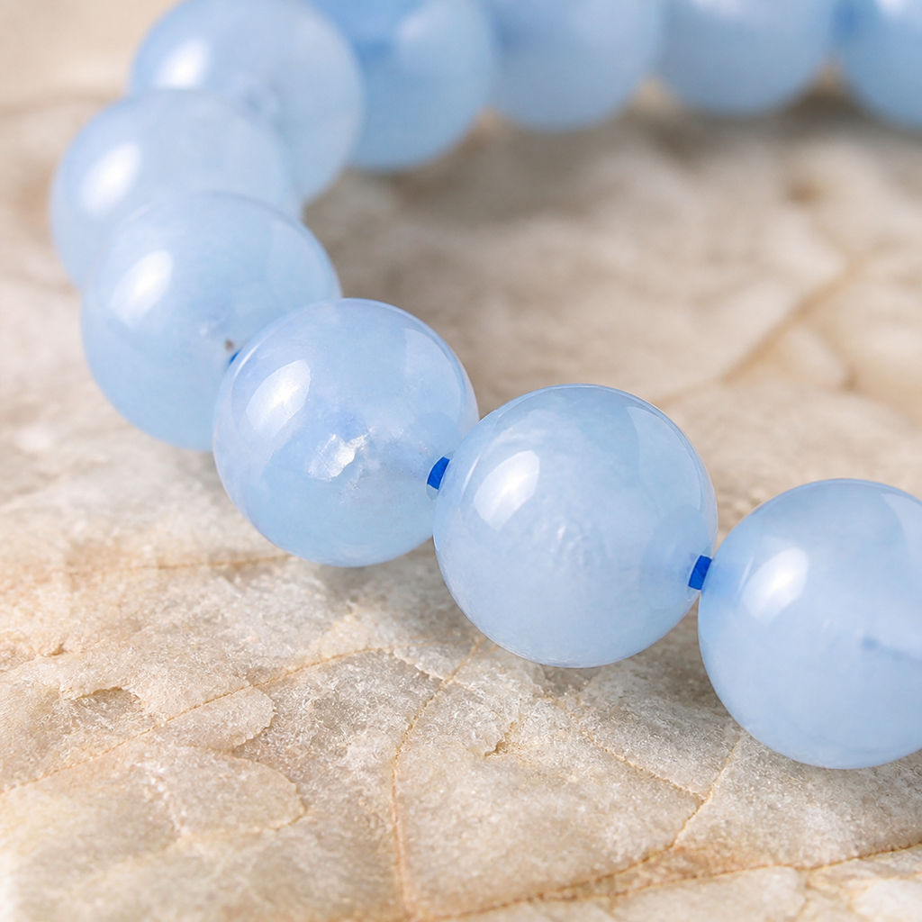Bracelet en aigue-marine chauffée du Brésil - Perles de 8 mm, macro de la matière et des détails vérifiés
