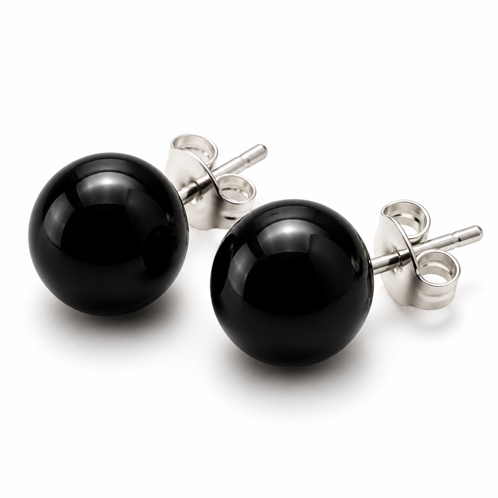 Boucles d'oreilles puces en obsidienne noire - 10 mm, macro de la pierre et du montage