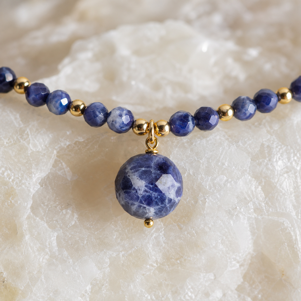 Collier doré en sodalite facettée - 38 à 43 cm, macro de la matière et des détails vérifiés