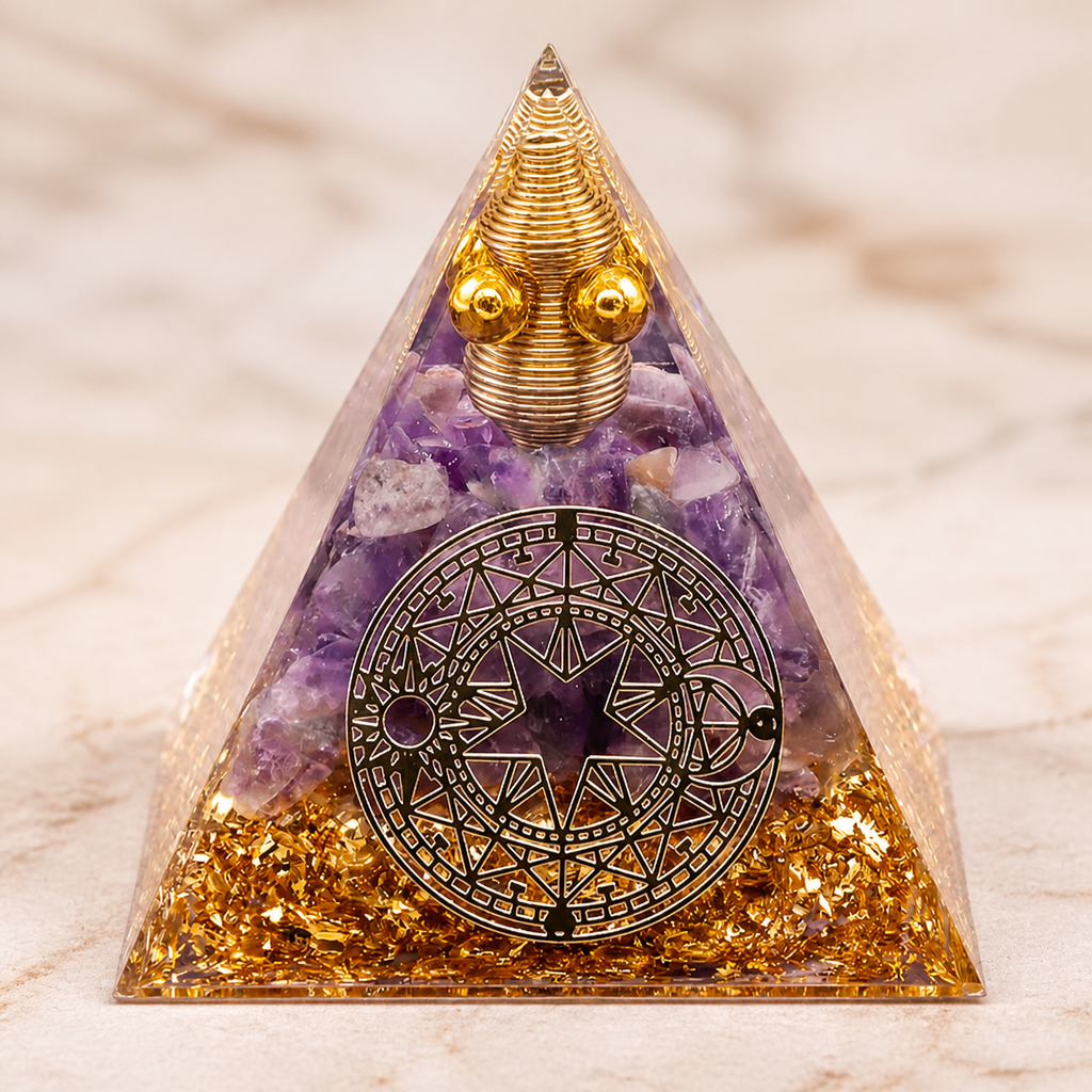 Orgonite pyramide Cercle magique en améthyste - 60 mm, macro de la matière et des détails vérifiés