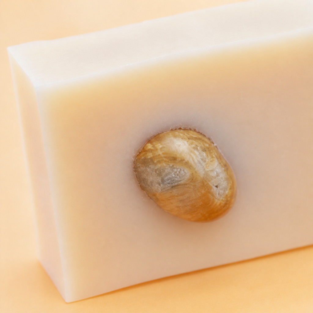 Détail de la pierre ocre marbrée dans le savon au miel