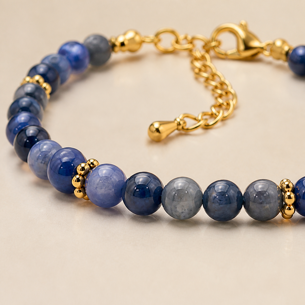 Bracelet Halo doré en sodalite 4 mm, macro de la matière et des détails vérifiés